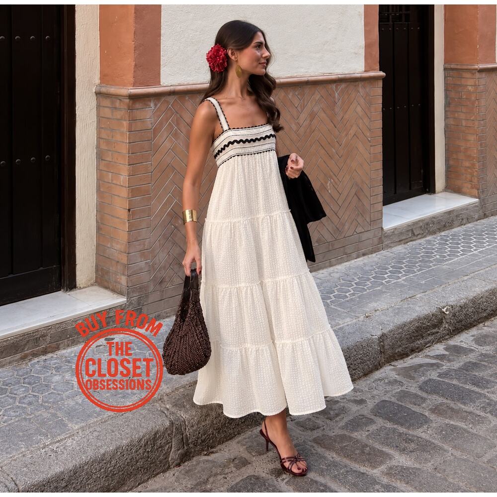 Zara NWT Cream Seersucker Cotton Tiered Midi Dress Lace Applique M - Picture 4 of 16